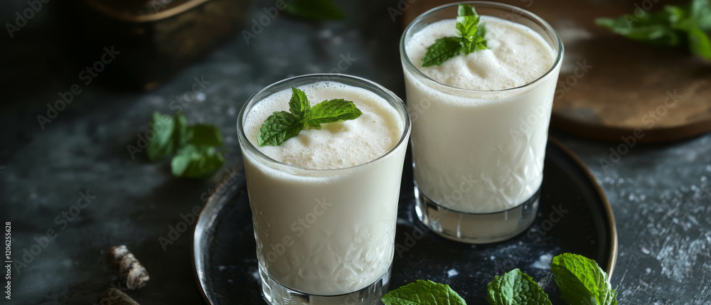 Refreshing milk drink with creamy texture and mint garnish in a rustic setting Refreshing milk drink with creamy texture and mint garnish in a rustic setting