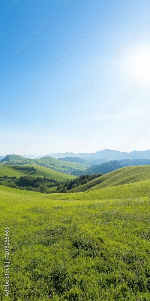 Obraz premium A beautiful, open field with a bright blue sky. The sun is shining brightly, making the grass look even greener. The scene is peaceful and serene