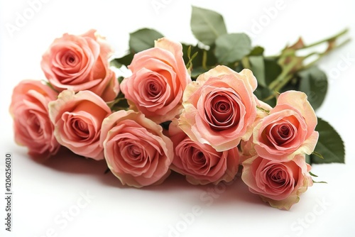 Beautiful pink roses arranged gracefully with lush green leaves on a white ba...