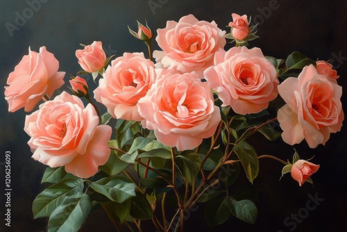 Beautiful pink roses arranged gracefully with lush green leaves on a white ba...
