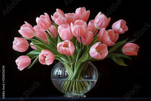 Bouquet of pink tulips arranged in a glass vase on a dark background