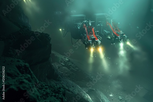 Robotic arms extracting glowing minerals from a seabed vent, surrounded by a cloud of sediment in the deep ocean twilight. photo