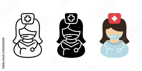 Doctor icon. Nurse symbol. Female medic vector illustration. Hospital service sign. Clinic logo. Emergency medicine pictogram. Woman Doc with stethoscope. Surgeon doctor sign. Ambulance worker concept