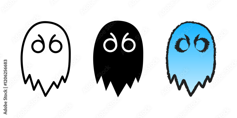 Evil ghost icon set. Scary hand-drawn Halloween character vector illustration. Nightmare symbol. Horror ghost pictogram collection. Ghostly monster silhouette. Mystery shadow creepy design. Evil ghost icon set. Scary hand-drawn Halloween character vector illustration. Nightmare symbol. Horror ghost pictogram collection. Ghostly monster silhouette. Mystery shadow creepy design.