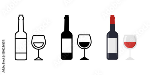 Wine icon. Wine bottle with glass vector illustration. Red wine symbol. Winery logo. Elegant alcohol drink sign. Vine bar pictogram. Chardonnay, rose, burgundy concept.
