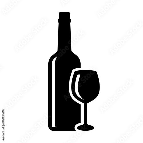 Wine bottle silhouette. Black wine bottle with glass vector illustration. Flat wine bottle icon. Winery logo. Alcohol drink symbol. Vine bar pictogram.