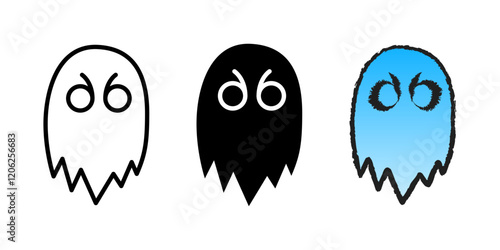 Evil ghost icon set. Scary hand-drawn Halloween character vector illustration. Nightmare symbol. Horror ghost pictogram collection. Ghostly monster silhouette. Mystery shadow creepy design.
