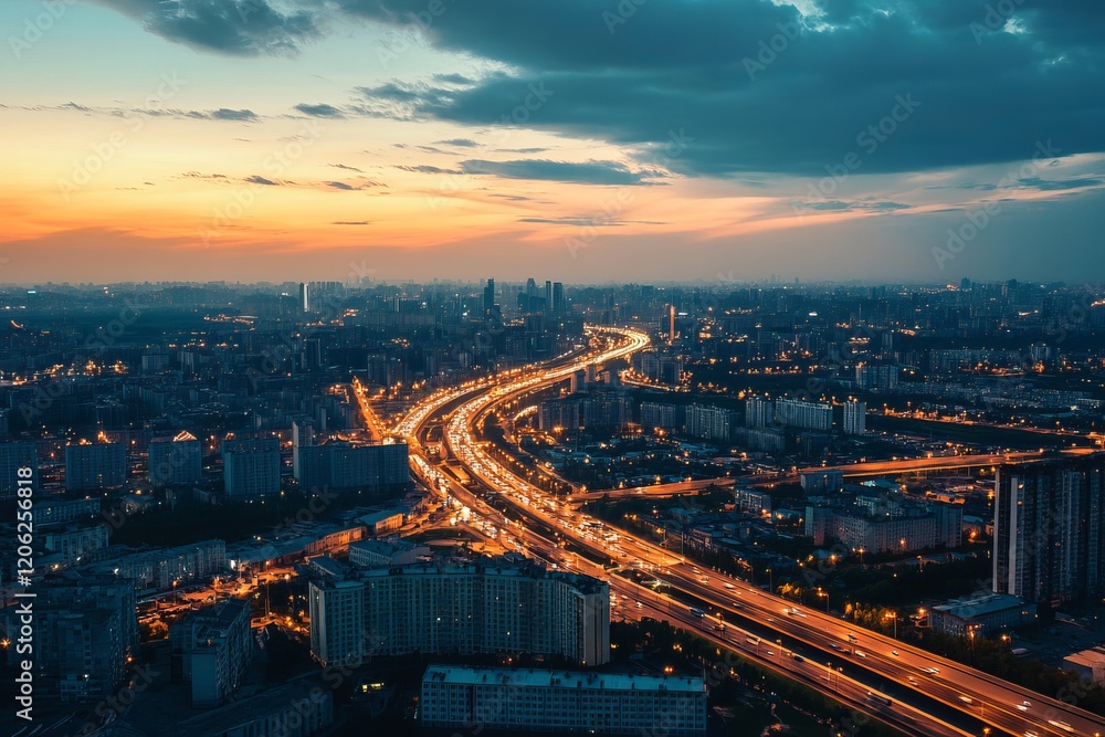 Fototapeta premium Stunning Night Cityscape Highway Traffic Lights Urban Panorama Aerial View Breathtaking Golden Hour Sunset Dramatic Cloudscape Modern City Skyline Beautiful Cityscape 