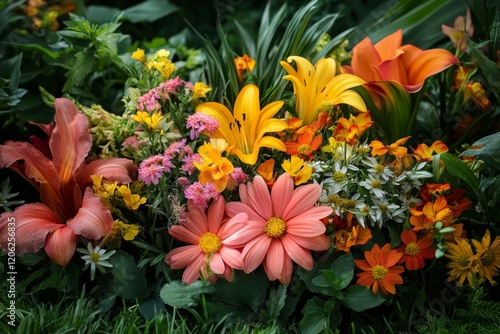 Colorful flowers blooming in a lush garden captured during the golden hour