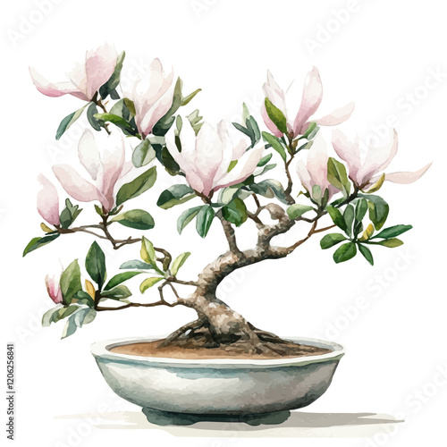 A watercolor clipart of a southern magnolia bonsai, isolated on a white background. Southern magnolia bonsai vector.
