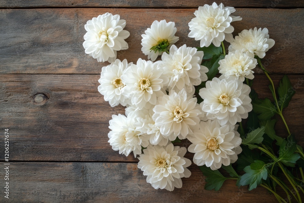 Beautiful white chrysanthemums arranged on a wooden table with green leaves Beautiful white chrysanthemums arranged on a wooden table with green leaves