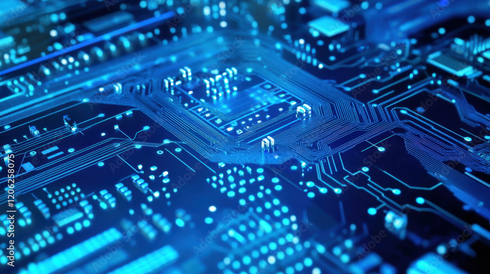 Close-up view of a complex circuit board showcasing intricate patterns and vibrant blue lighting during a technology expo in a modern exhibition hall Close-up view of a complex circuit board showcasing intricate patterns and vibrant blue lighting during a technology expo in a modern exhibition hall