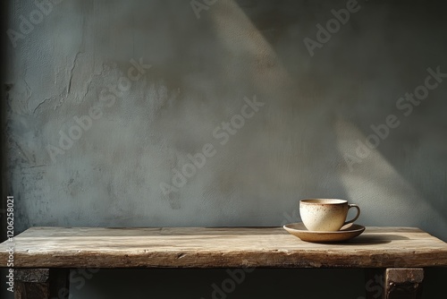 Coffee cup on rustic wooden table against a textured wall with natural light