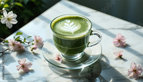 A transparent glass teacup steaming with a pale green matcha latte, delicately swirled with milk foa photo