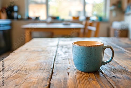 Coffee cup on rustic wooden table against a textured wall with natural light