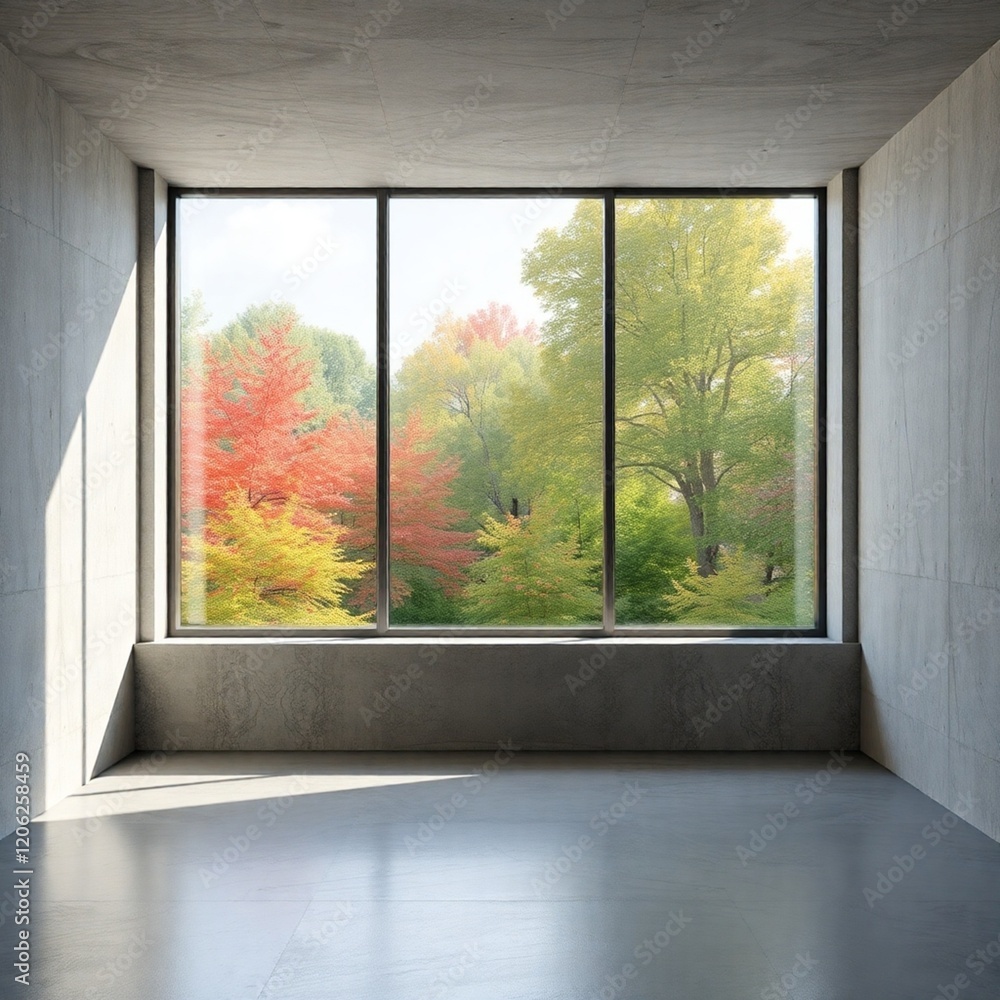 Fototapeta premium Empty concrete room with large window, nature scene. 