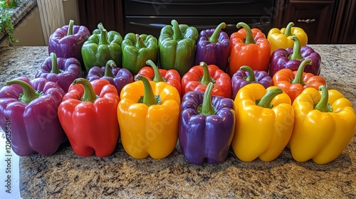 Colorful variety of bell peppers arranged on a kitchen countertop in bright n...
