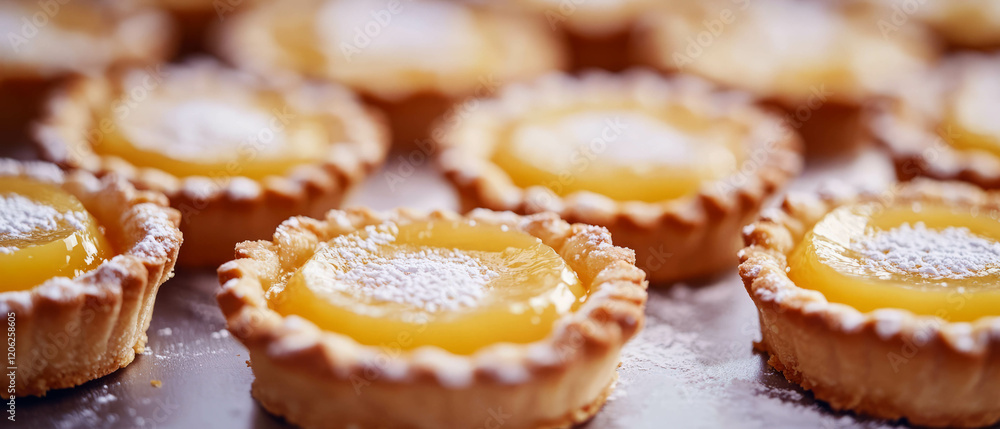 Delightful lemon tarts with tangy filling and sweet crust arranged on a baking tray Delightful lemon tarts with tangy filling and sweet crust arranged on a baking tray