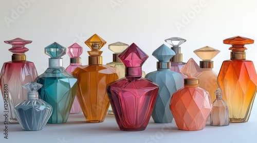 Elegant assortment of colorful geometric perfume bottles displayed on a woode...