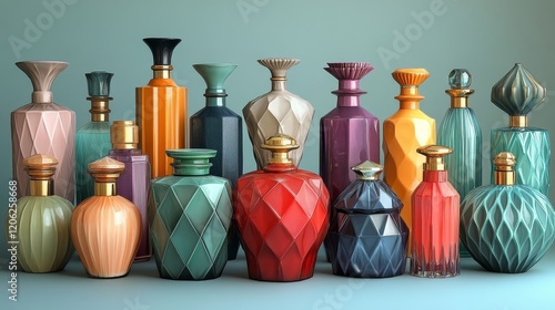 Elegant assortment of colorful geometric perfume bottles displayed on a woode...
