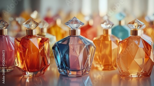 Elegant assortment of colorful geometric perfume bottles displayed on a woode...
