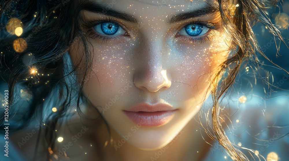 Beautiful young woman enveloped in soft, colorful fabric with lights, an enchanting portrait set in a dreamy atmosphere, with copy space Beautiful young woman enveloped in soft, colorful fabric with lights, an enchanting portrait set in a dreamy atmosphere, with copy space