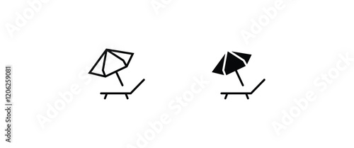 Summer relax sunbathing, Sunbed icon. Resort, beach, chair, furniture, lounger, parasol, relaxation, sea, umbrella Parasol lounger, sun