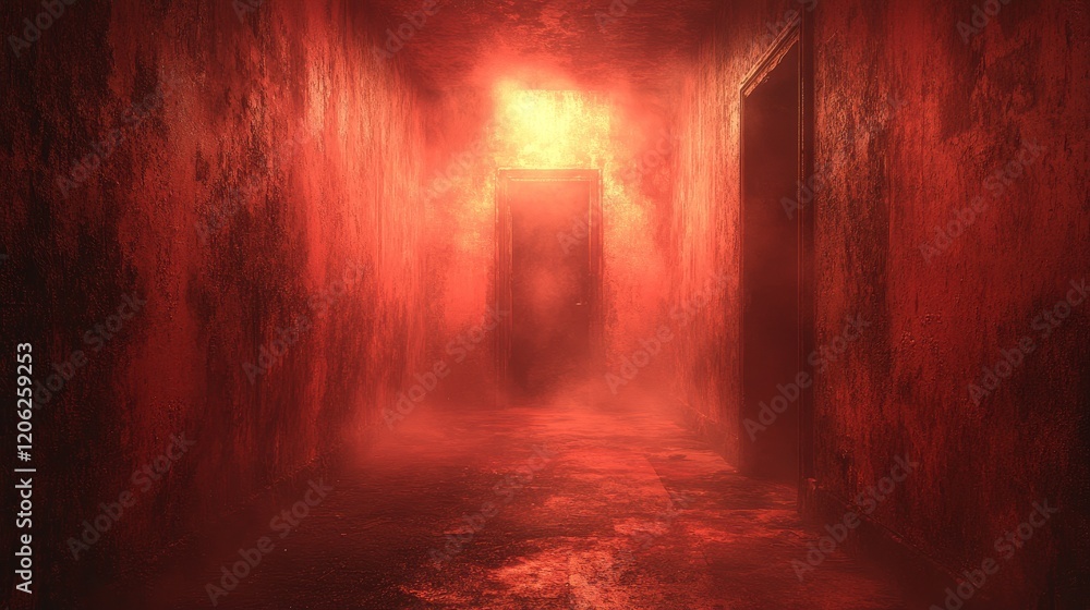 Obraz premium A red room with a door that is open and a lot of smoke