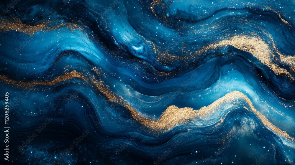 Obraz premium A mesmerizing abstract image depicting swirling blue cosmic waves intertwined with golden flecks, evoking a sense of cosmic wonder and infinite universe beauty.