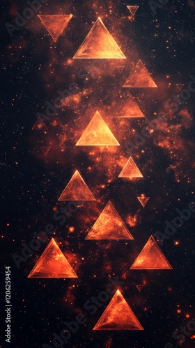 Floating orange triangles in cosmic space with stars and galaxy background