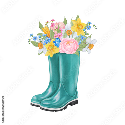 Watercolor Spring Bouquet in Green Garden Boots – Floral Illustration