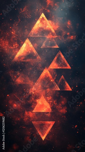 Floating orange triangles in cosmic space with stars and galaxy background
