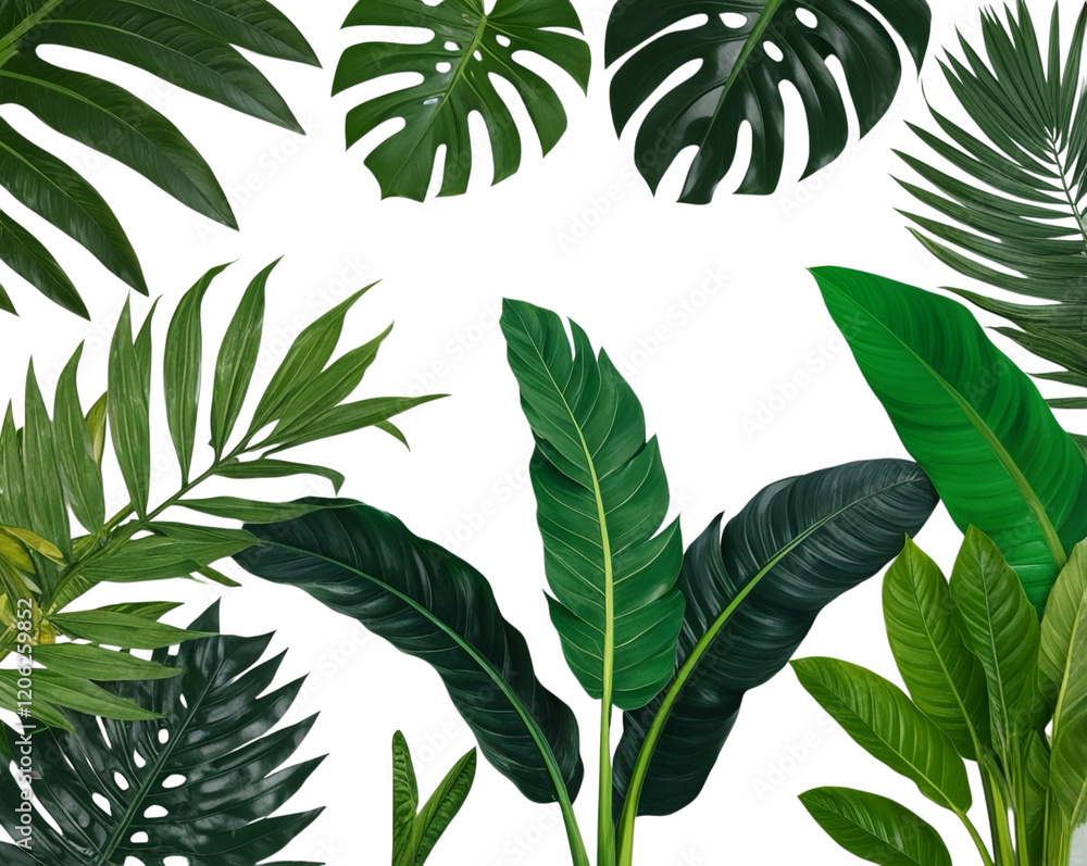 a lush green border made of various tropical leaves. The leaves is isolated on a white background, creating a clean and vibrant frame a lush green border made of various tropical leaves. The leaves is isolated on a white background, creating a clean and vibrant frame