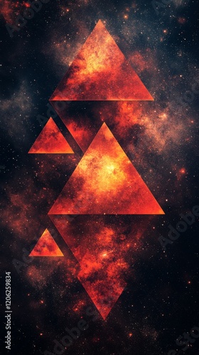 Floating orange triangles in cosmic space with stars and galaxy background