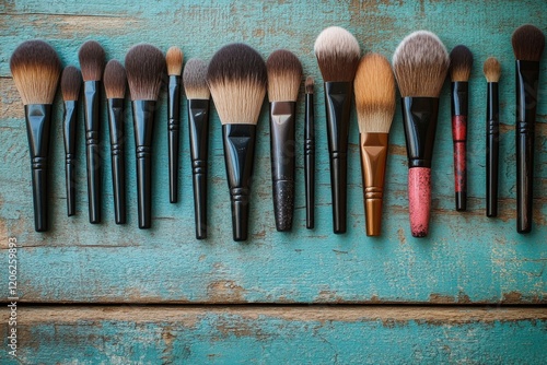 Various makeup brushes arranged neatly on a rustic wooden surface for beauty ...