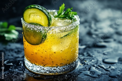 Pickle margarita in frosted glass rim photo