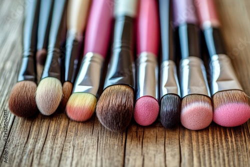 Various makeup brushes arranged neatly on a rustic wooden surface for beauty ...
