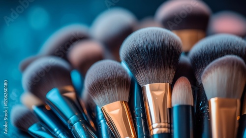 Variety of makeup brushes arranged in a line with colorful powder backdrop on...
