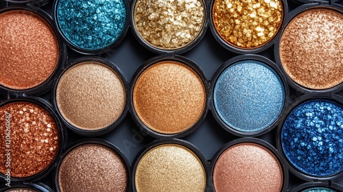 Vibrant collection of colorful cosmetic eyeshadows in organized arrangement o...