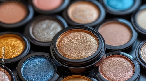 Vibrant collection of colorful cosmetic eyeshadows in organized arrangement o...