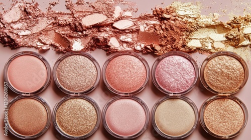 Vibrant collection of colorful cosmetic eyeshadows in organized arrangement o...