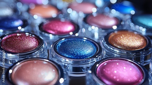 Vibrant collection of colorful cosmetic eyeshadows in organized arrangement o...