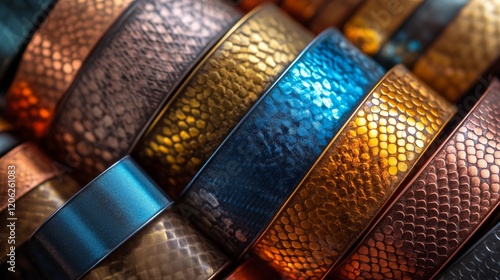 Colorful metal bangles arranged in vibrant patterns with intricate textures a...