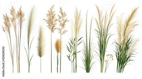 A collection of ornamental grass patterns of a tall, wispy grass with seed heads, short manicured grass for lawns, and exotic grass types like pampas, transparent background, layouts  photo