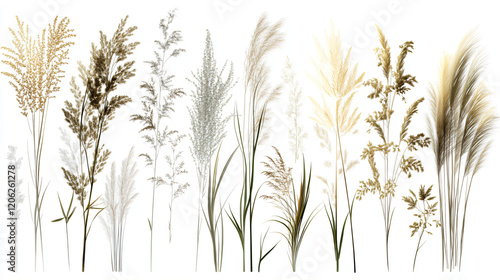 A collection of ornamental grass patterns of a tall, wispy grass with seed heads, short manicured grass for lawns, and exotic grass types like pampas, transparent background, layouts  photo