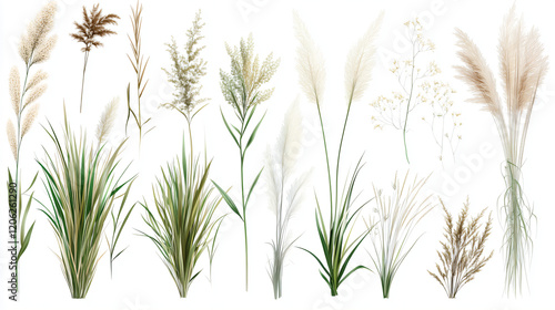 A collection of ornamental grass patterns of a tall, wispy grass with seed heads, short manicured grass for lawns, and exotic grass types like pampas, transparent background, layouts  photo