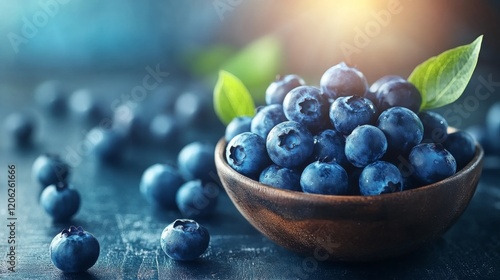 Wallpaper Mural Plump blueberries fill a rustic wooden bowl under gentle lighting, inviting one to savor their natural sweetness and the health benefits of fresh seasonal fruit. Torontodigital.ca