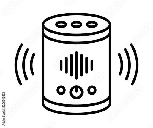 Outline icon of a smart speaker with sound waves. Editable stroke.