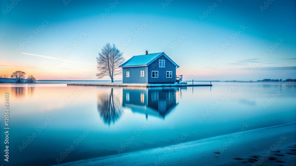Minimalist Blue Building Frozen Lake Winter Landscape Double Exposure Stock Photo Minimalist Blue Building Frozen Lake Winter Landscape Double Exposure Stock Photo
