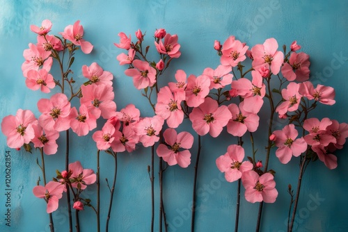 Pink flowers arranged on a blue background create a vibrant display in a cozy...